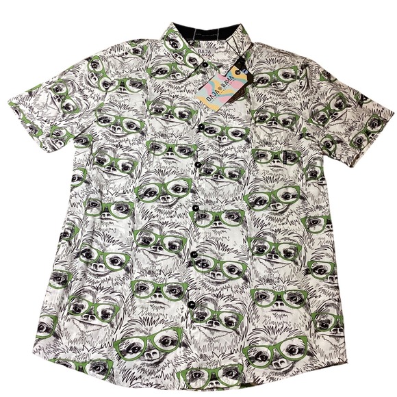 Baja Llama Mens Sloth Meister Button Up Shirt - Fun Novelty Print - Size S - NWT